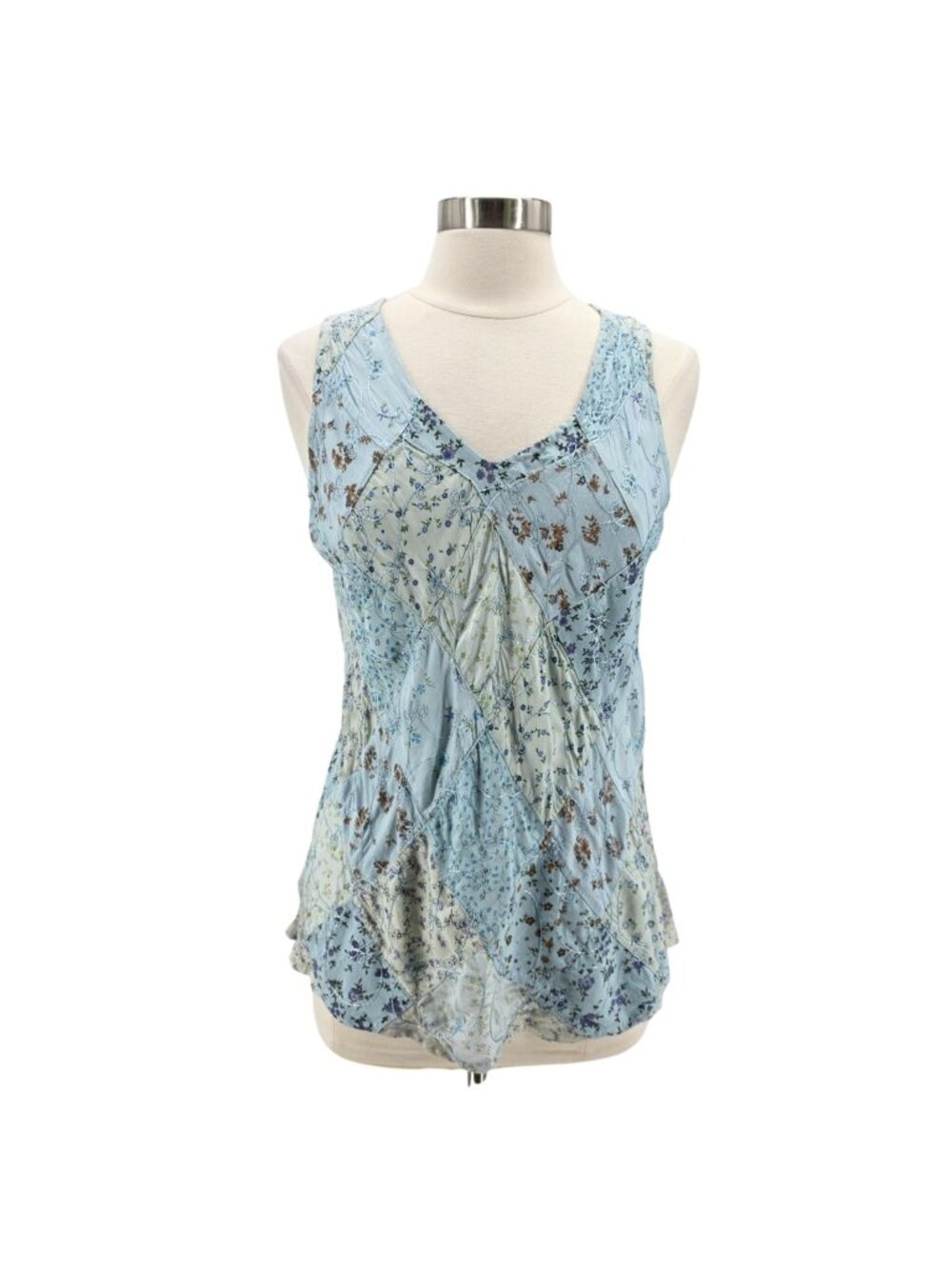 Vintage Blue Sky Womens Large Top Patchwork Floral Blue Embroidered Tank Boho